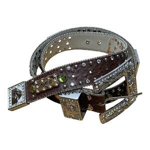 BHW Studded Jeweled Rhinestone Western Belt Faux Ostrich Leather Brown Large